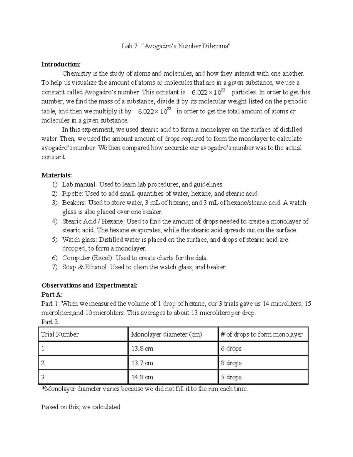 Chem lab 7 - chem 106 lab completed - Lab 7: “Avogadro’s Number Dilemma ...