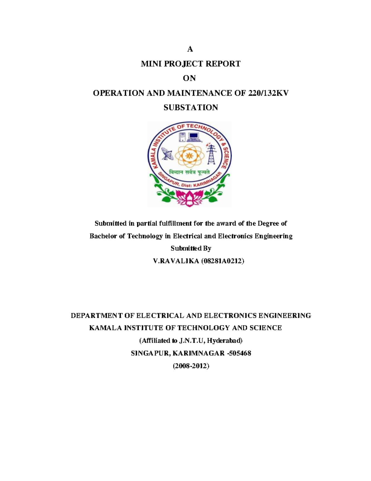 Maintenance and Operation of An Electric - A MINI PROJECT REPORT ON ...