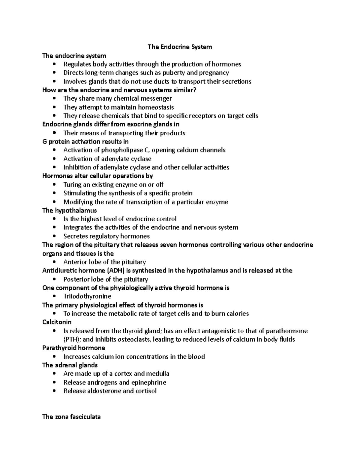 Endocrine System Review Notes The Endocrine System The Endocrine