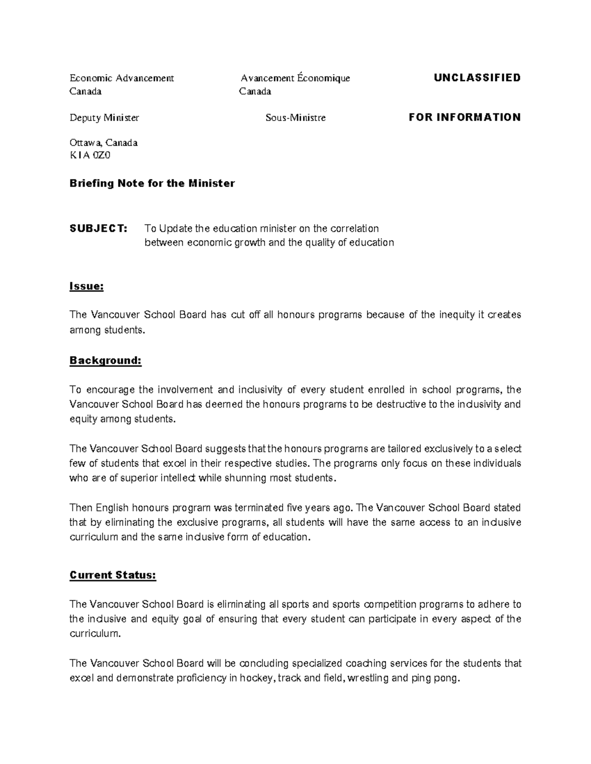 BN #1 - briefing note - Economic Advancement Avancement Économique ...