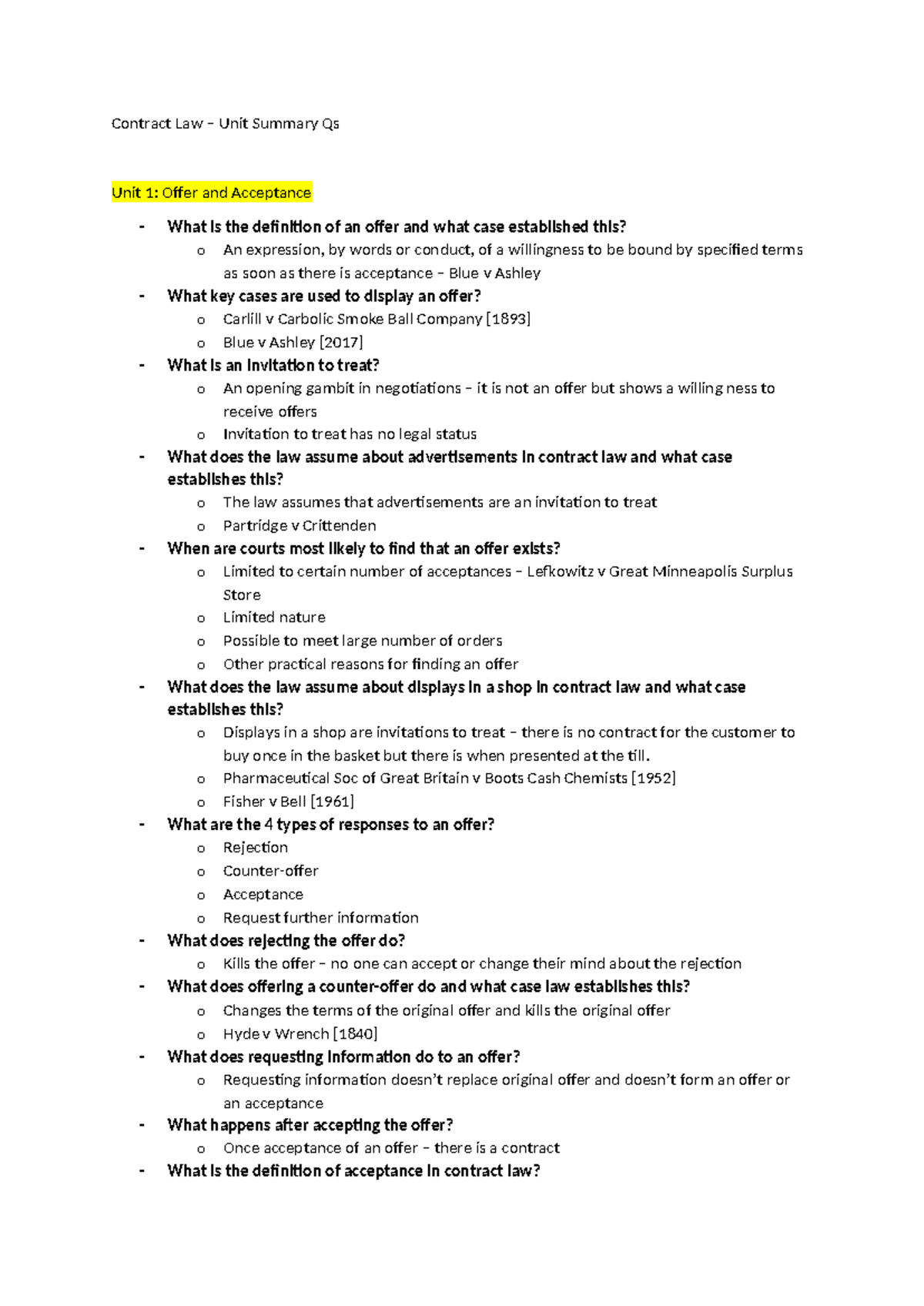 valid contract requirements - Contract Law – Unit Summary Qs Unit 1 ...