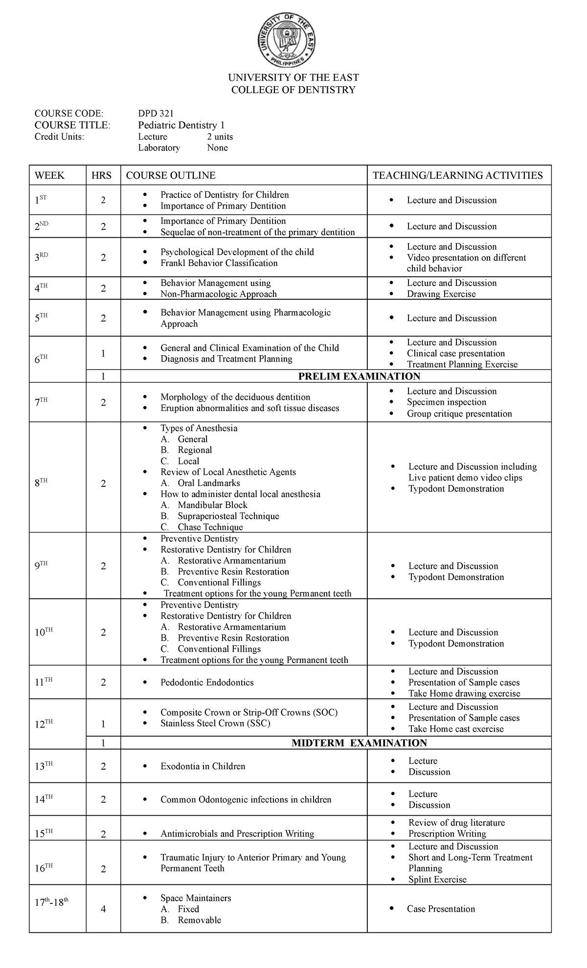 DPD 321 Shortened Syllabus UNIVERSITY OF THE EAST COLLEGE OF