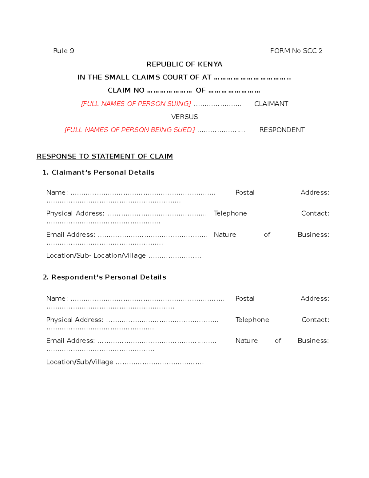 Small-Claims-Court Response To Statement Of Claim - Rule 9 FORM No SCC ...
