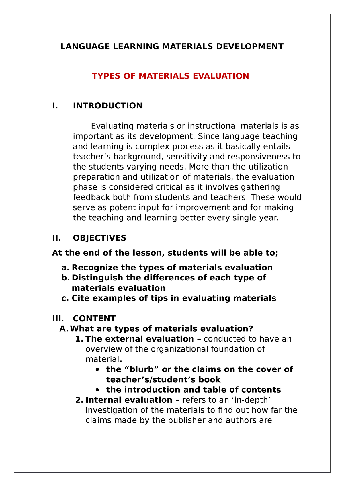 Types Of-Materials-Evaluation Materials Developments - LANGUAGE ...