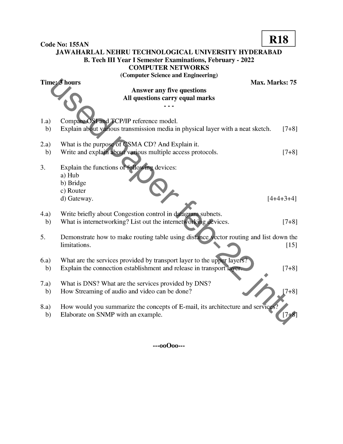 Computer Networks February March 2022 - Code No: 155AN JAWAHARLAL NEHRU ...