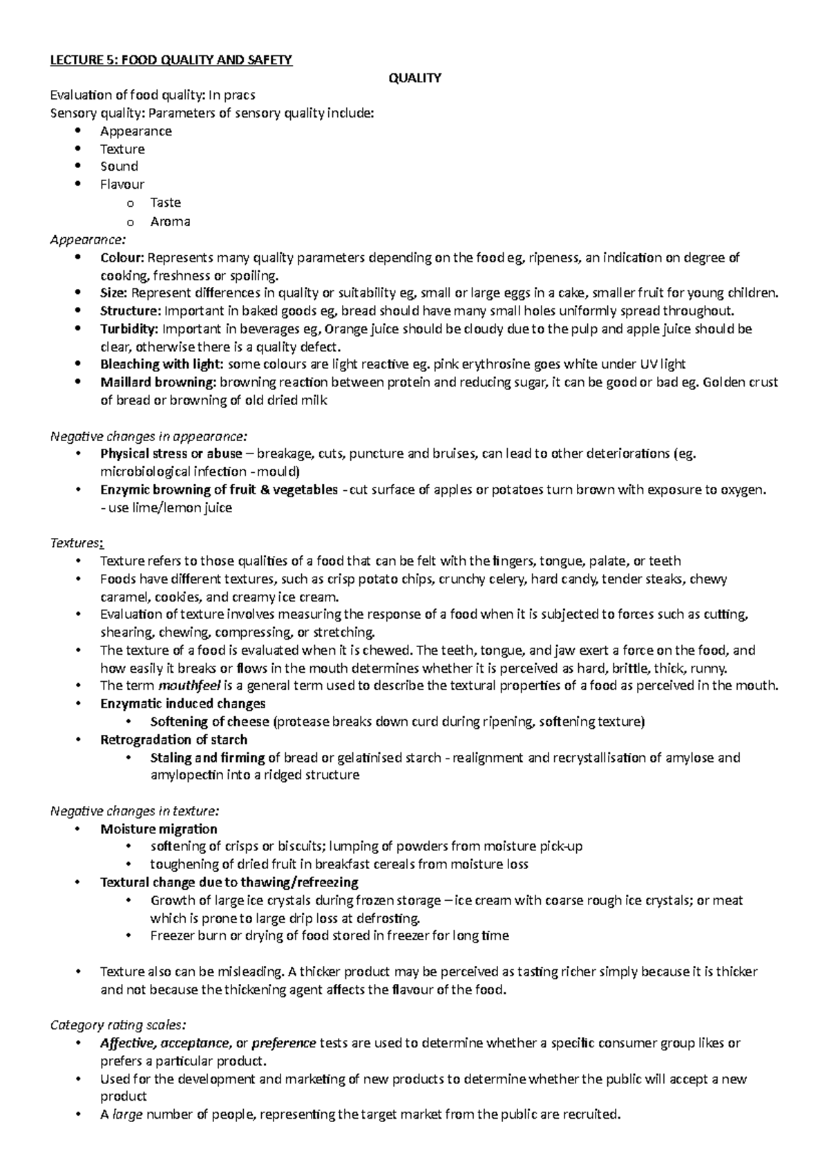 Food Science Exam Lecture Notes - Lecture 5: Food Quality And Safety 