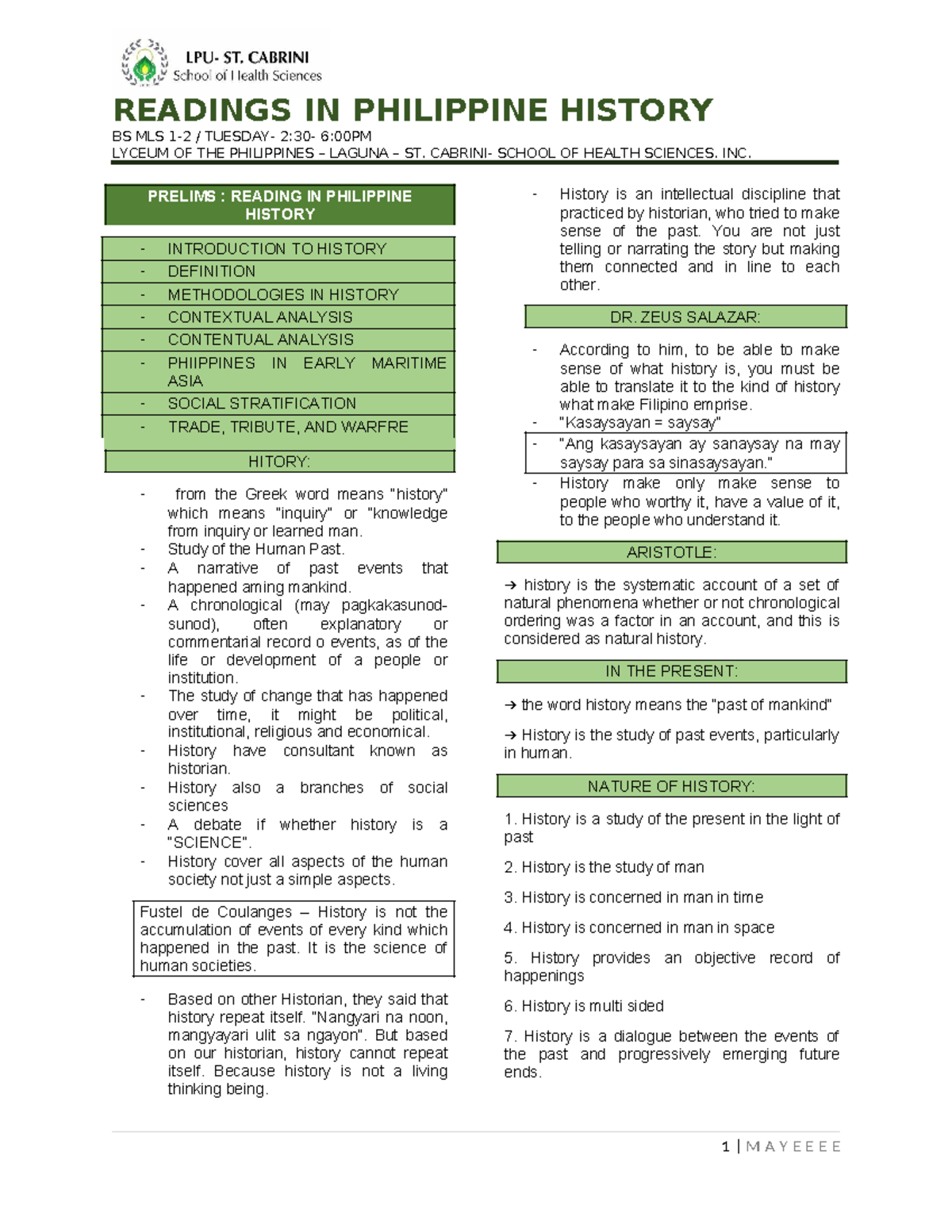 Prelims IN RPH NI MAYE - BS MLS 1-2 / TUESDAY- 2:30- 6:00PM LYCEUM OF ...