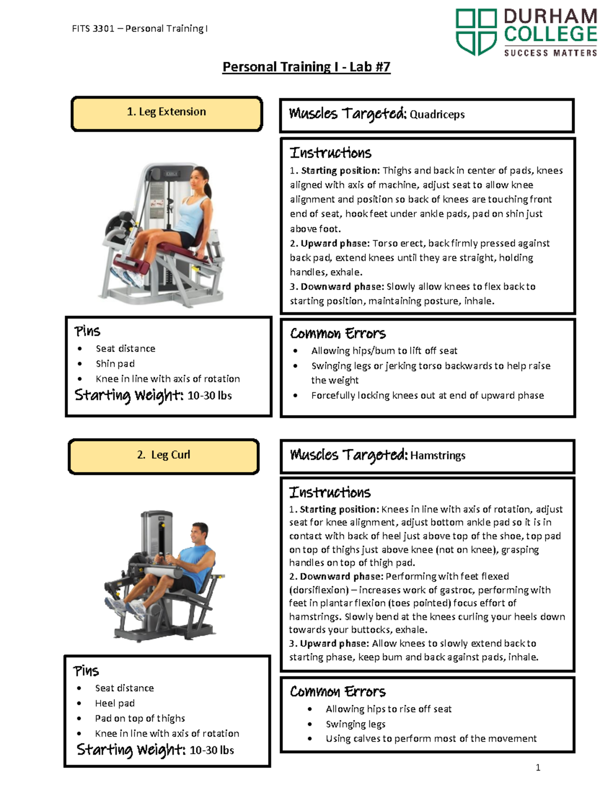 Lab 7 Handout - Personal Training I - Lab # Muscles Targeted ...