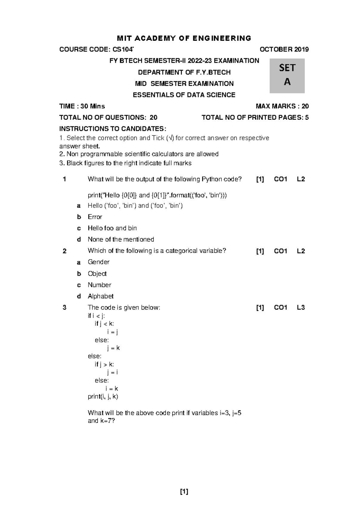 CS104T Essentials+OF+DATA+ Science Mrs - 1 [1] CO1 L a b c d 2 [1] CO1 ...