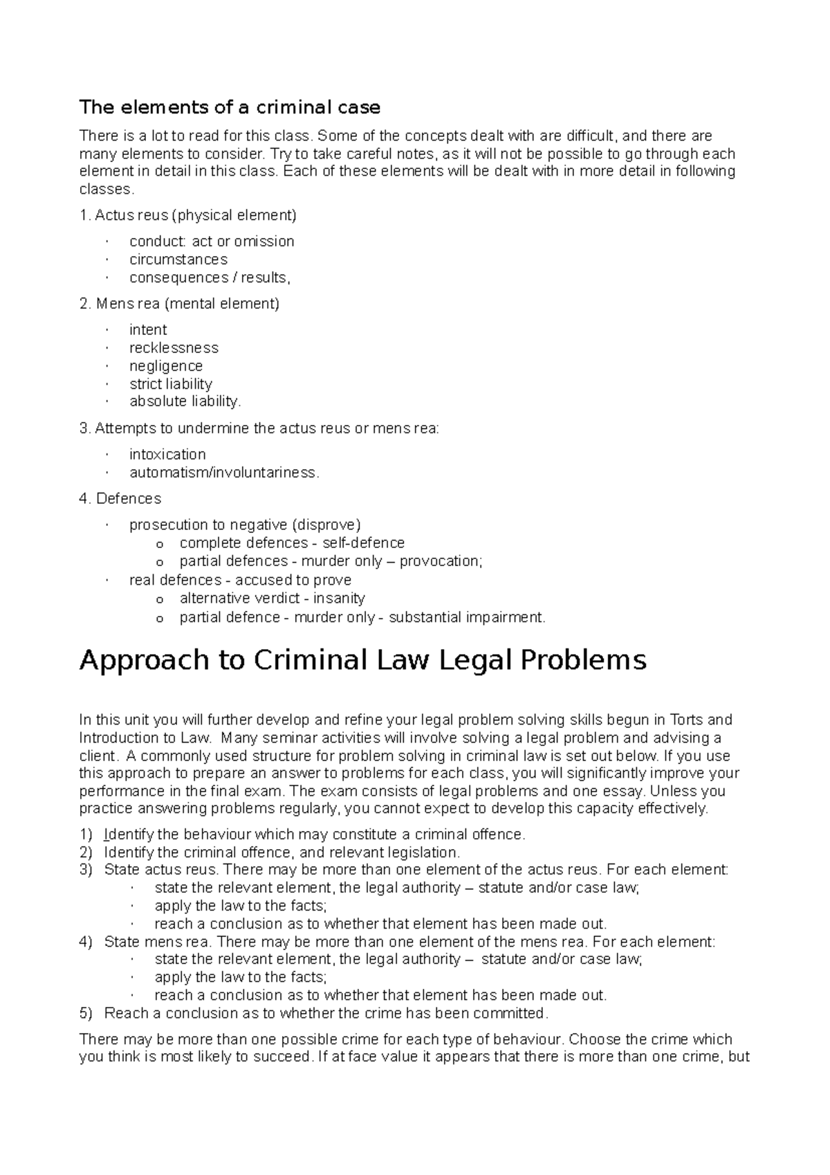 Criminal problem question notes - The elements of a criminal case There ...