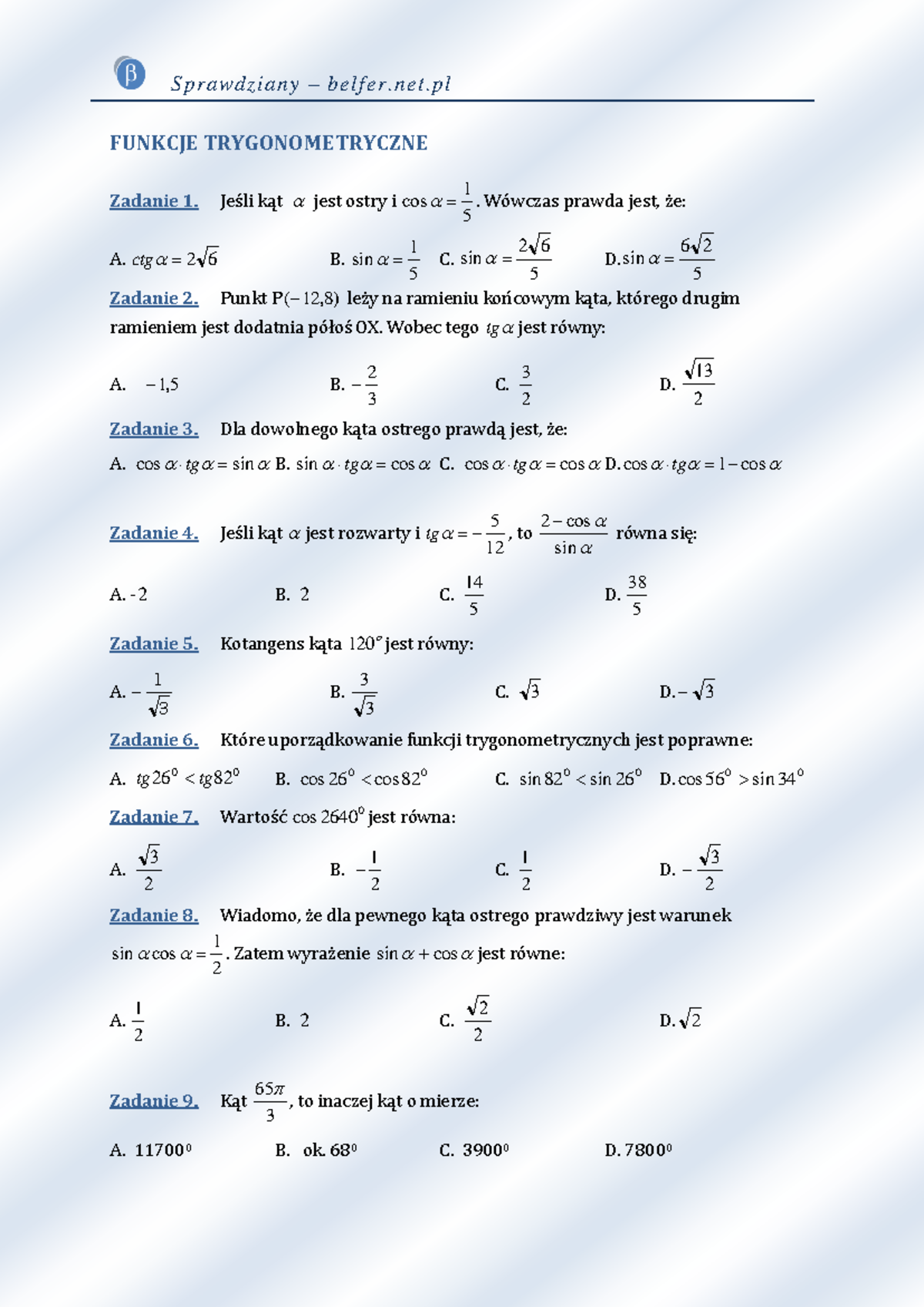 3 Funkcje Trygonometryczne Sprawdzian Chomikuj www.studocu.com