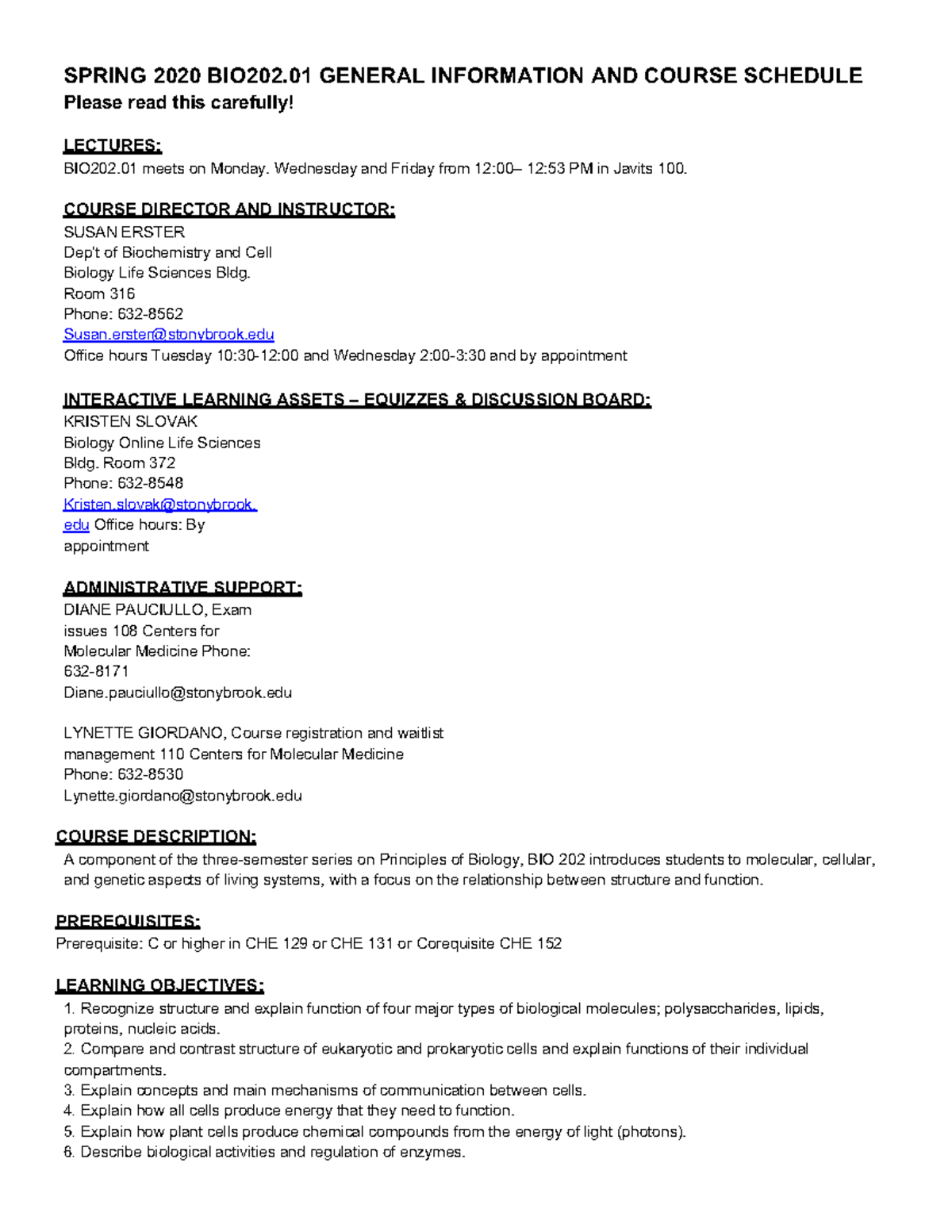 Spring 2020 Syllabus and Course Schedule - SPRING 2020 BIO202 GENERAL ...