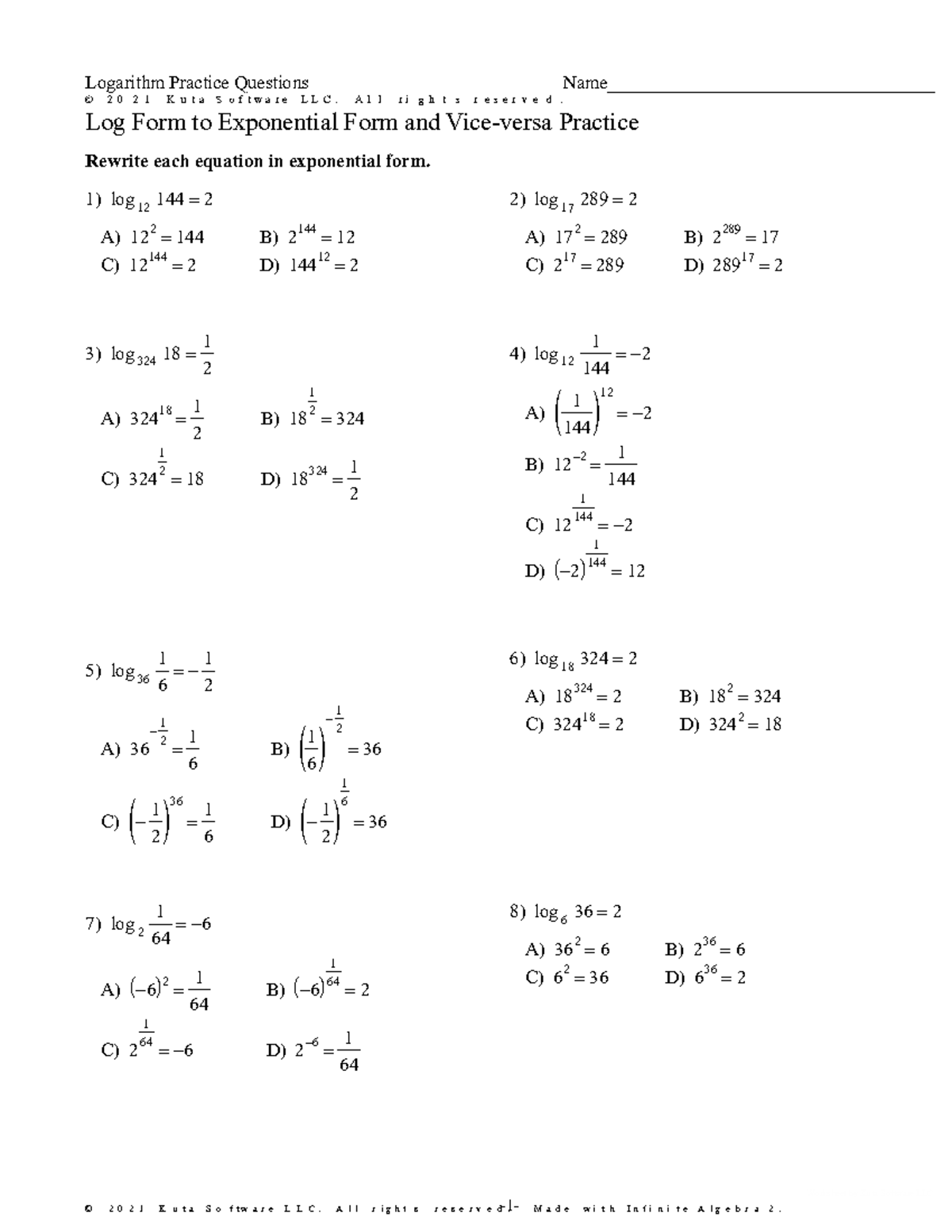 Log Form to Exponential Form and Vice-versa Practice - ©U N 2 u 0 K 2 h ...