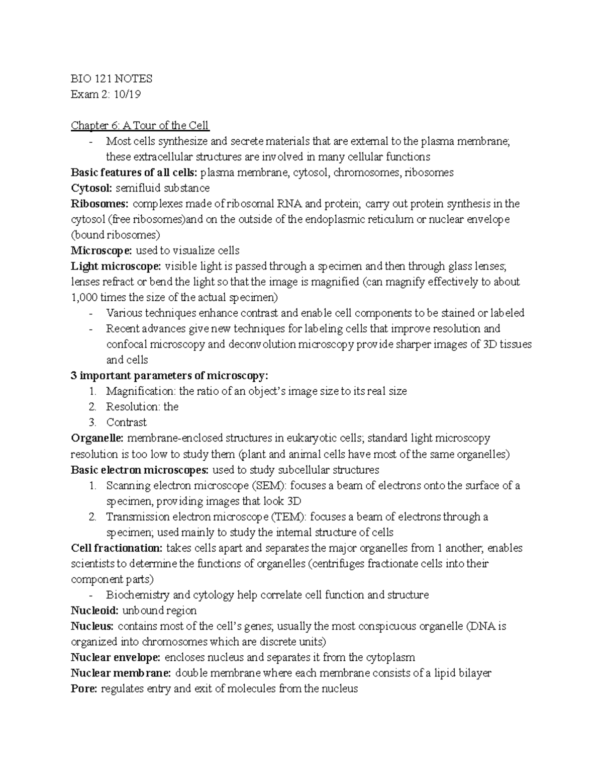 BIO 121 EXAM 2 Notes - BIO 121 NOTES Exam 2: 10/ Chapter 6: A Tour Of ...