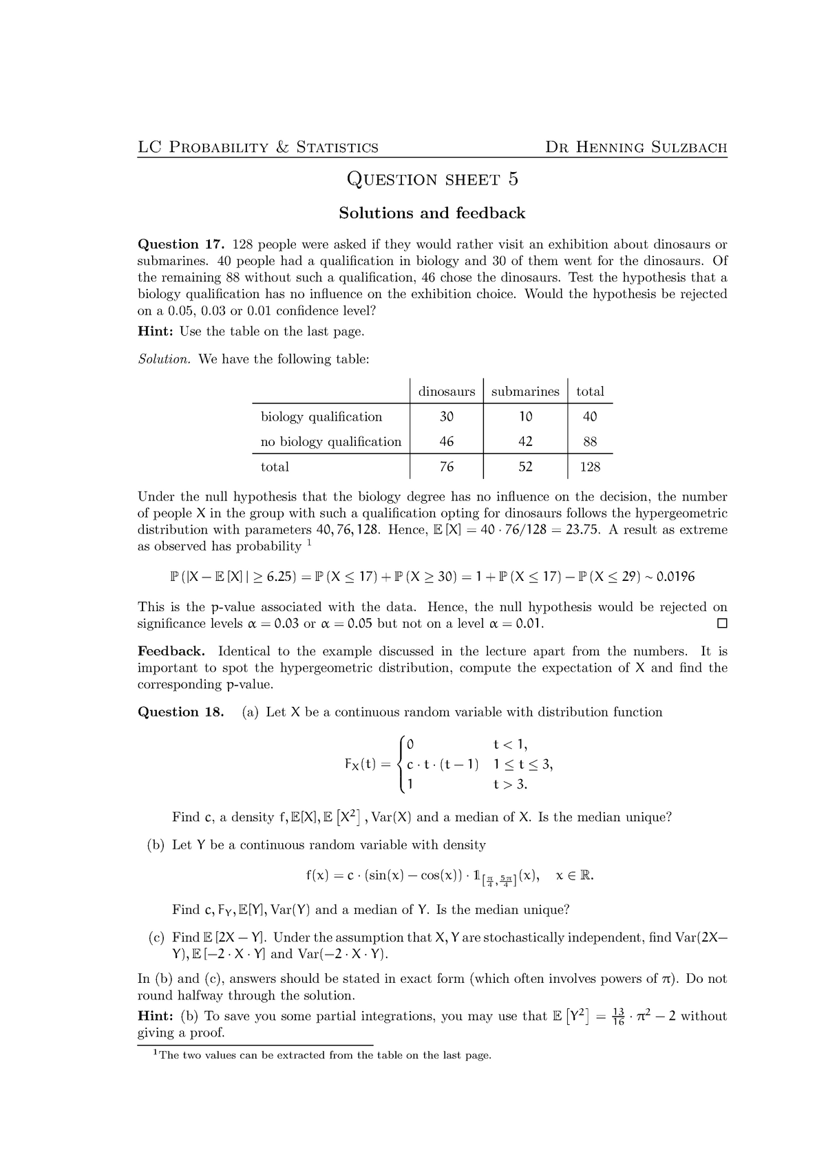 Probability And Statistic Problem Sheet 5 Solutions - LC Probability ...