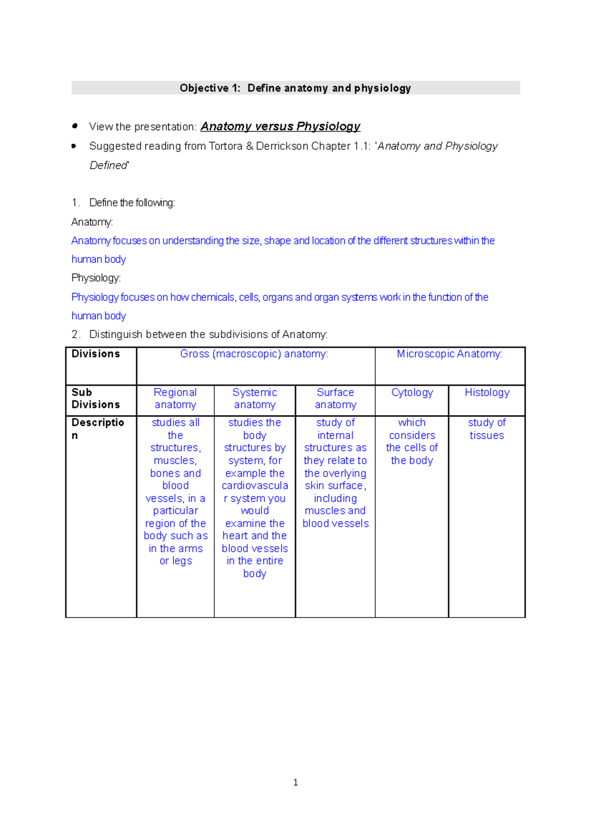 HB week 1 summary notes - Objective 1: Define anatomy and physiology ...