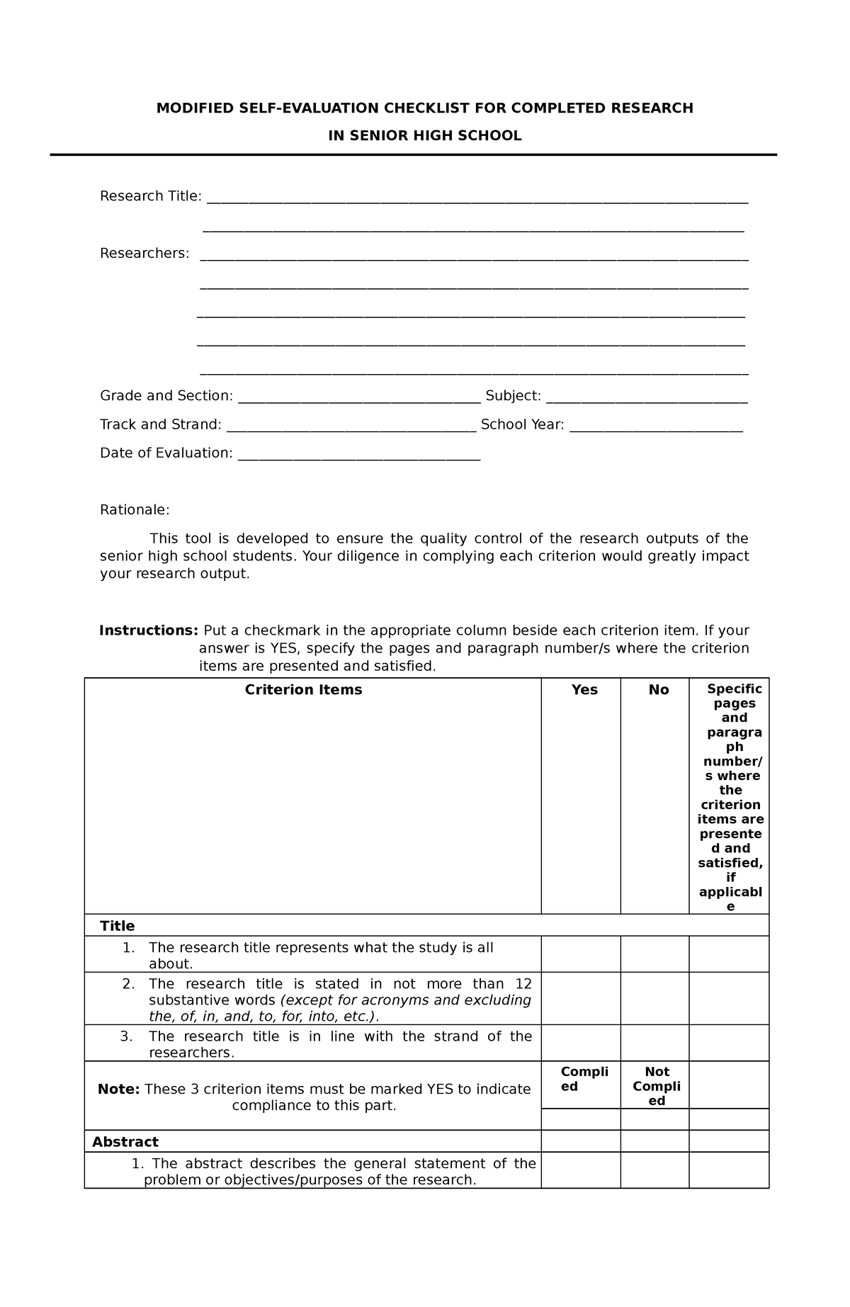 Modified SELF Evaluation Checklist FOR Completed Research - MODIFIED ...