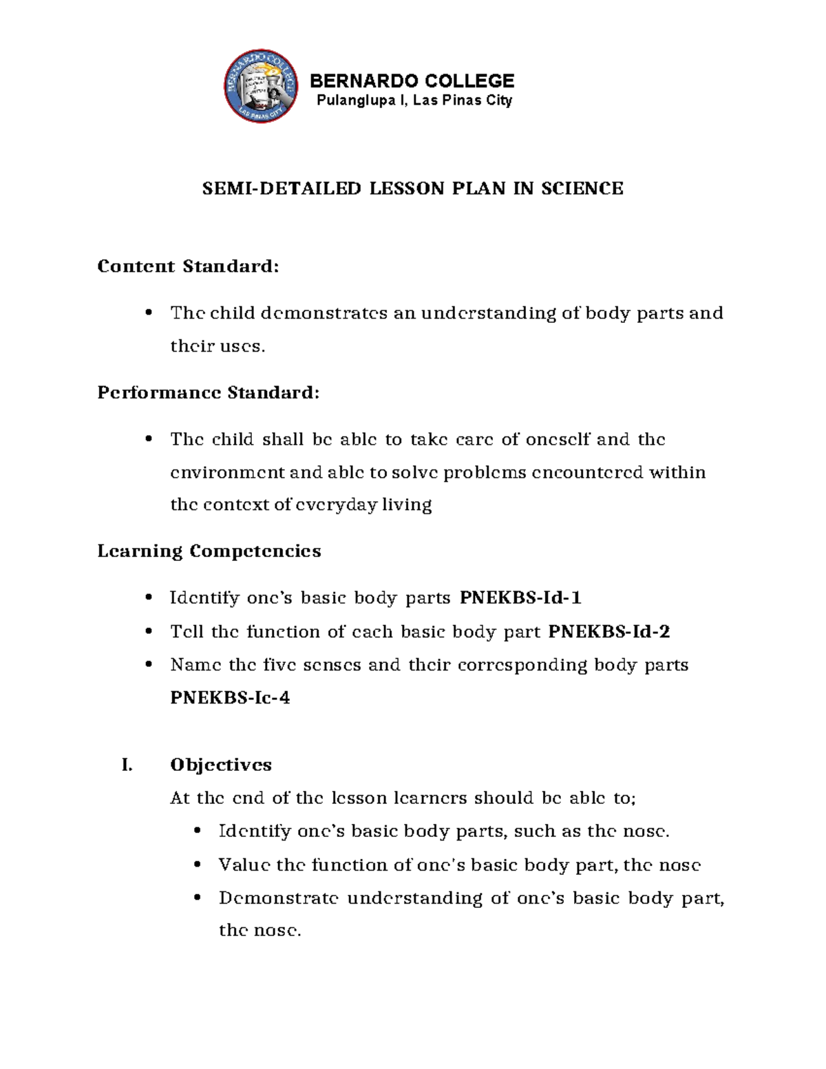 Science Lesson Plan Final - BERNARDO COLLEGE Pulanglupa I, Las Pinas ...