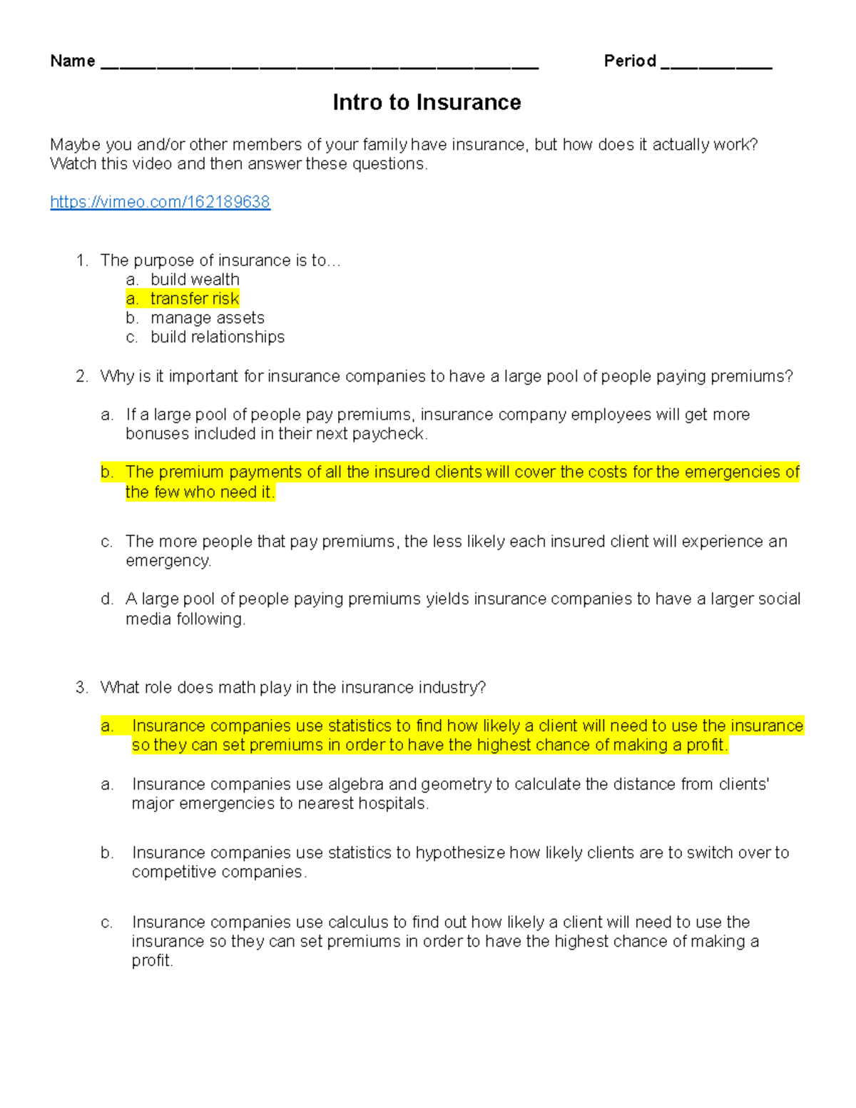 Intro to Insurance Video Questions - Name
