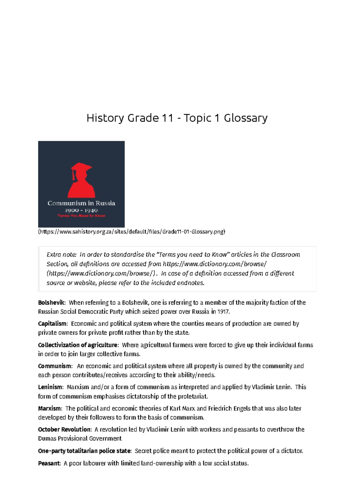 History Grade 11 - Topic 1 Glossary South African History Online ...