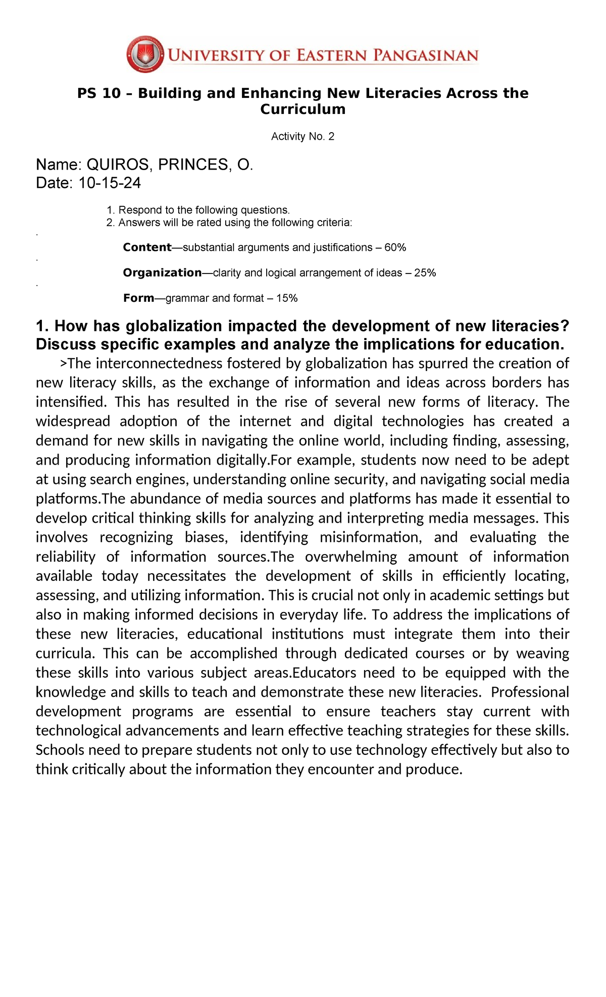 question document - PS 10 – Building and Enhancing New Literacies ...