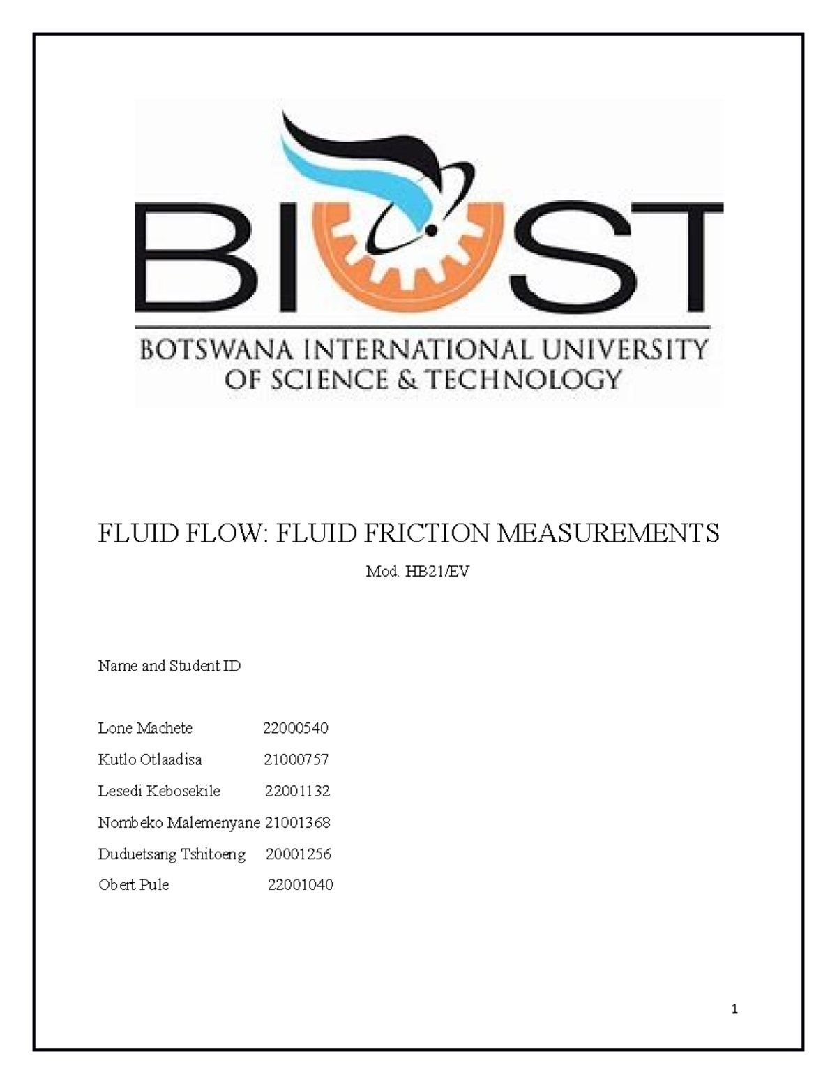 Fluid FLOW Lab report FLUID FLOW FLUID FRICTION MEASUREMENTS Mod