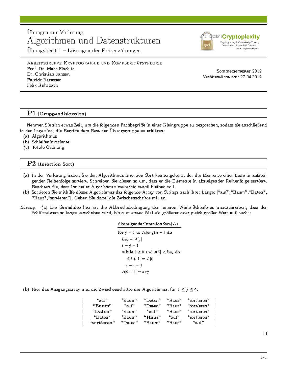 AuD Blatt 1 - SoSe 19 (Lösungen) - ¨ Ubungen Zur Vorlesung Algorithmen ...