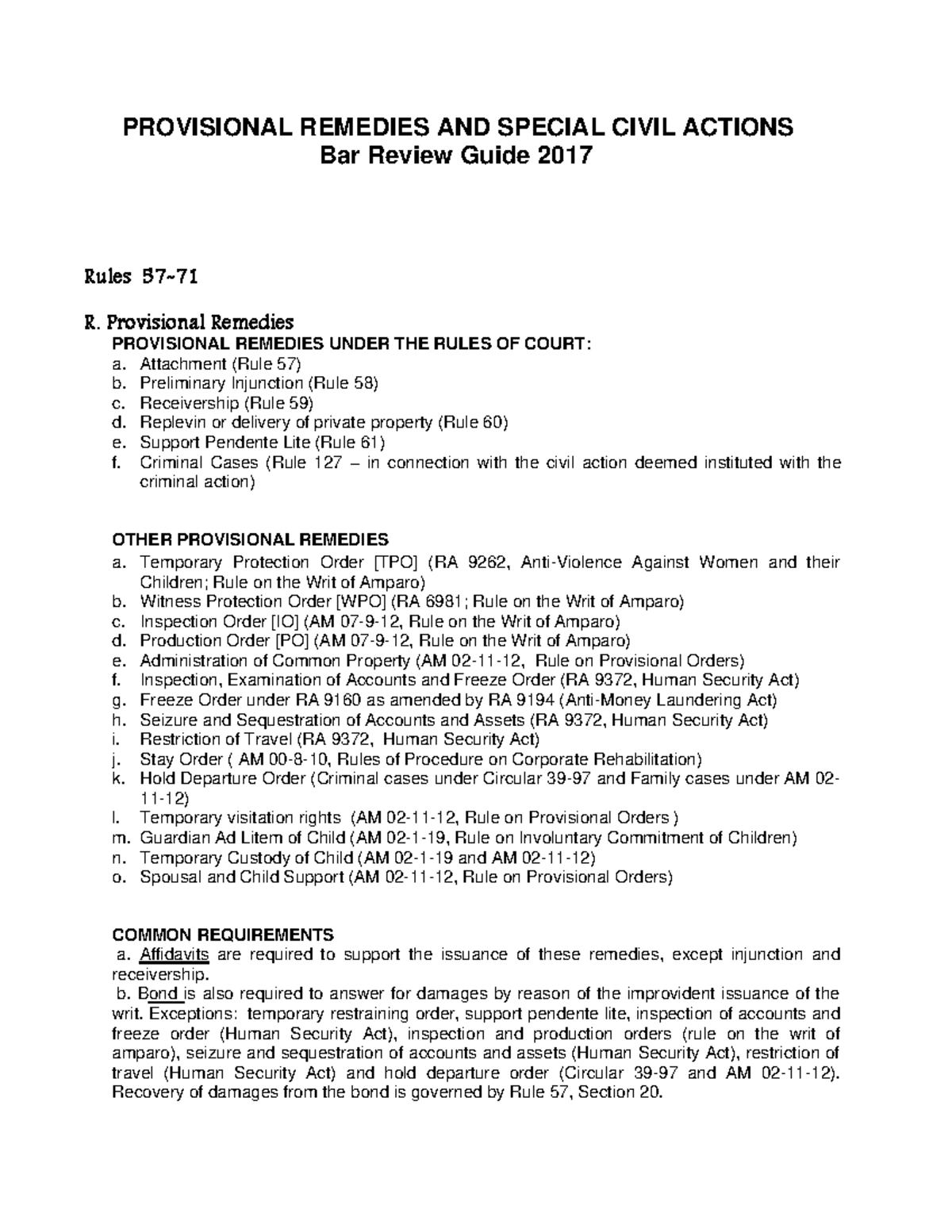 Provisional Remedies AND Special Civil Actions BAR Review Guide 2017 PROVISIONAL REMEDIES AND