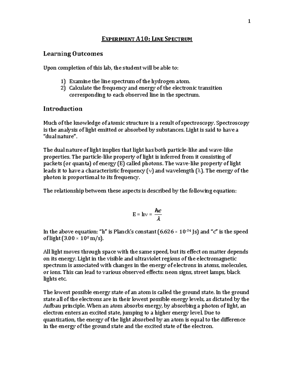 BIOL 10 Lab 10 - Lab manual - EXPERIMENT A10: LINE SPECTRUM Learning ...