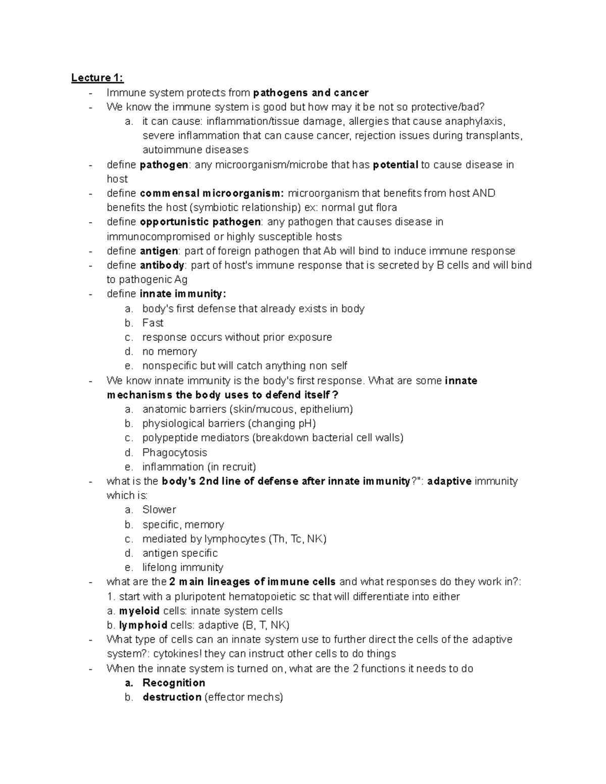 Immunology ALL Notes - Lecture 1: - Immune system protects from ...