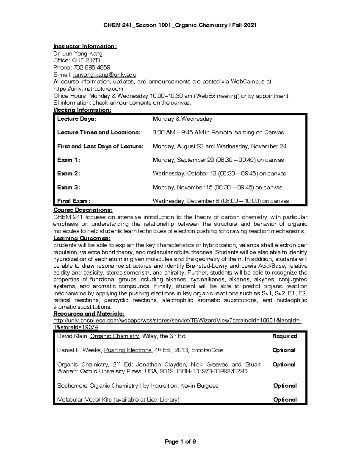 CHEM 241-1001 Syllabus Fall 21 (8 12 2021)-1 - Instructor Information ...