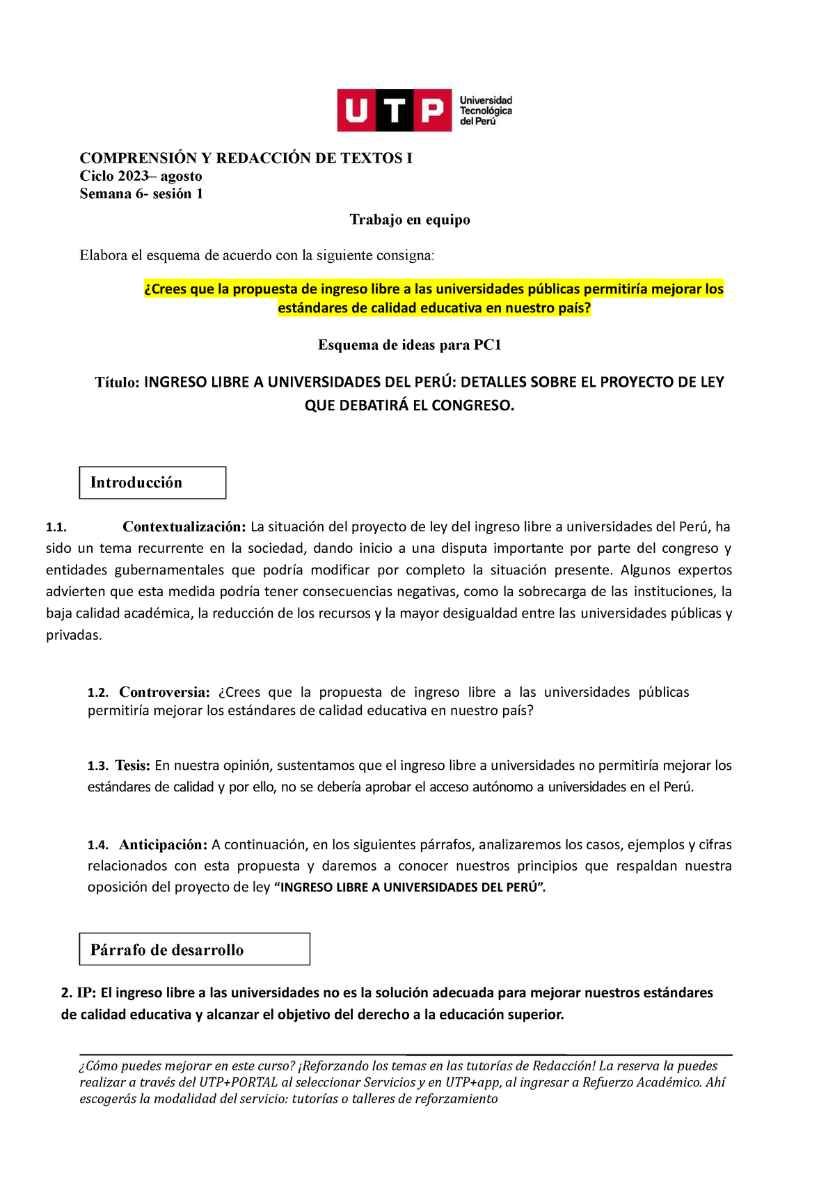 S06.s1-Esquema Para PC1 3 - COMPRENSIÓN Y REDACCIÓN DE TEXTOS I Ciclo ...