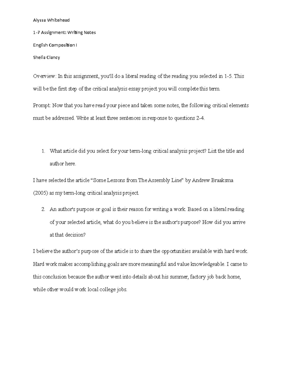 1.7 Assignment English Comp - Alyssa Whitehead 1-7 Assignment: Writing ...