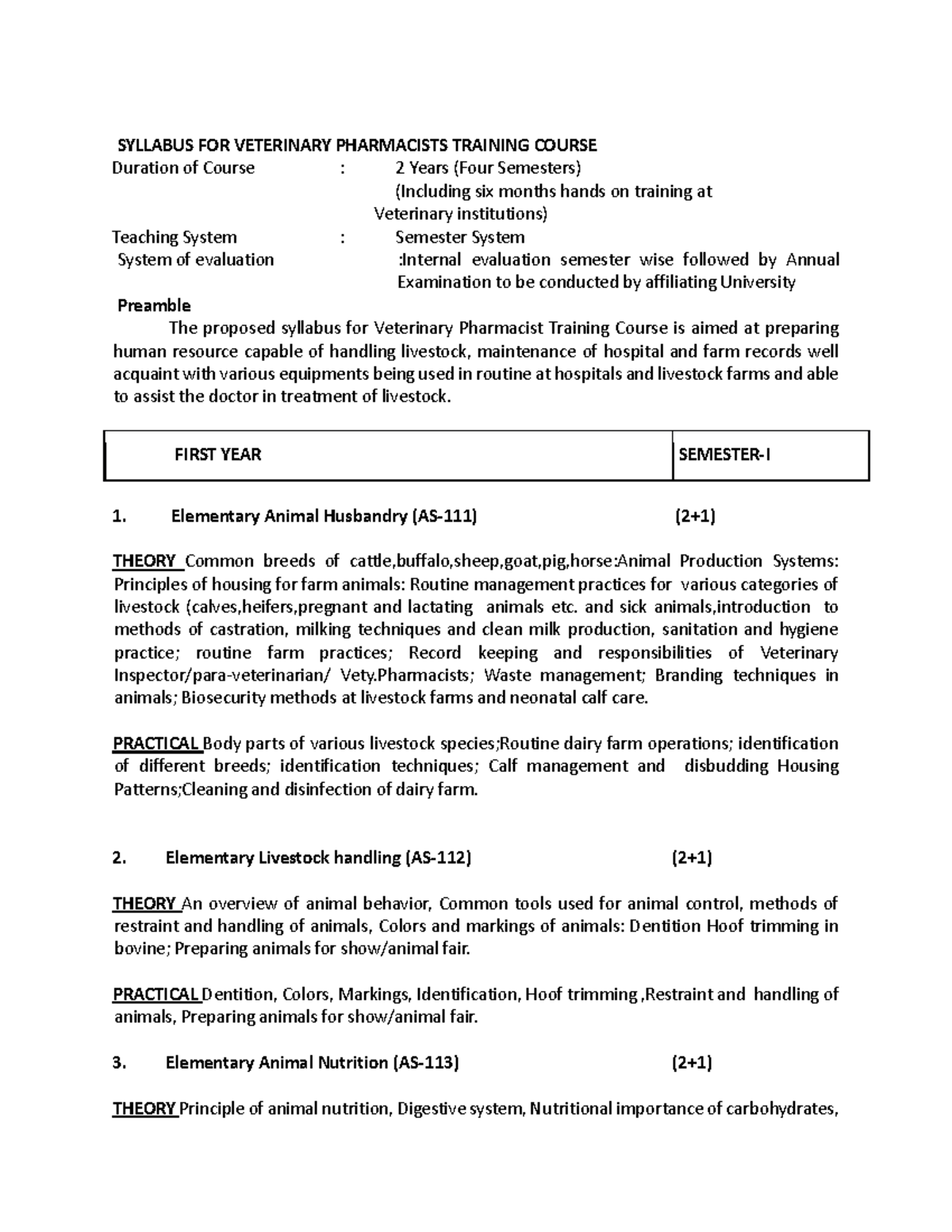Veterinary pharmacist syllabus SYLLABUS FOR VETERINARY PHARMACISTS