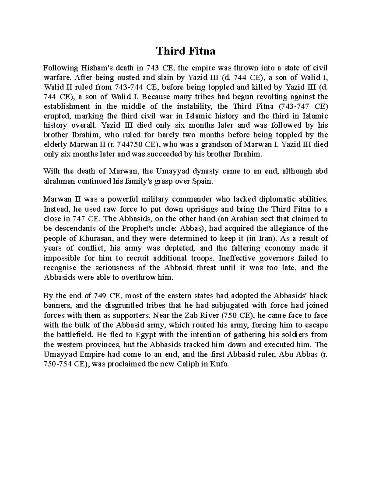 Third Fitna Lecture notes 1 Third Fitna Following Hisham's death in