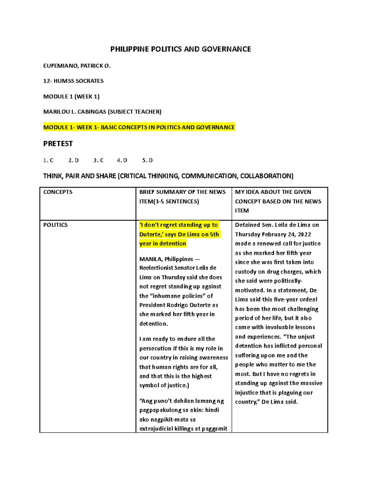 Philippine Politics and Governance Week 1 Answer - PHILIPPINE POLITICS ...