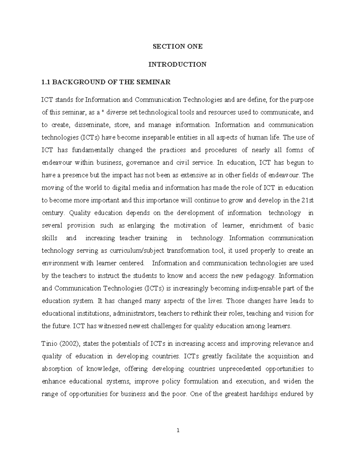 Introduction TO ICT Ongoing - SECTION ONE INTRODUCTION 1 BACKGROUND OF ...