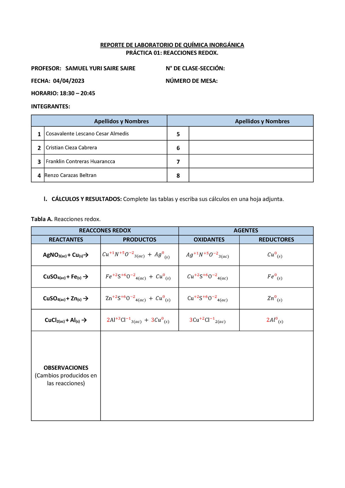 Laboratorio 1 Reacciones Redox Reporte De Laboratorio De QuÍmica