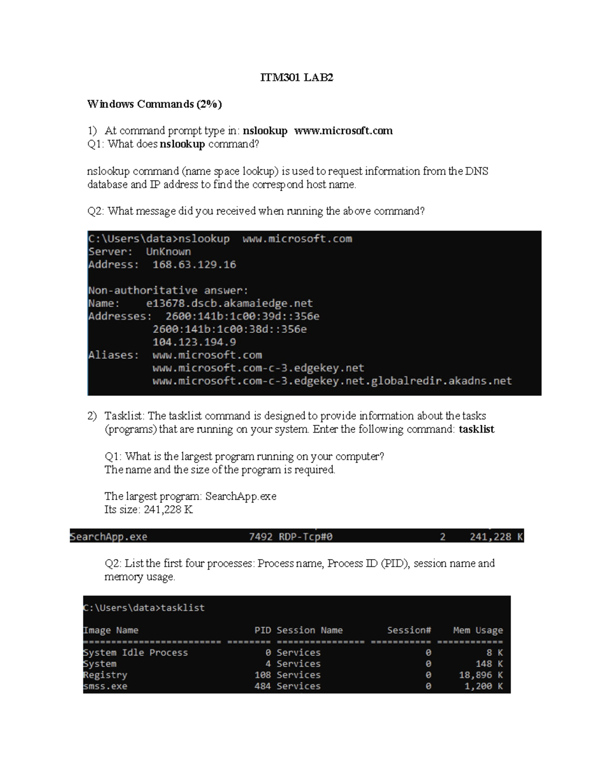 CITM301 Lab2 - ITM301 LAB Windows Commands (2%) At command prompt type ...