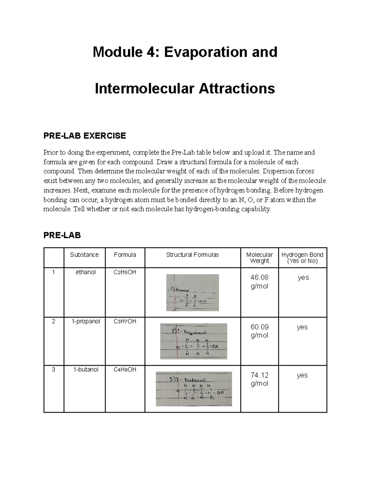 Pre Lab Evaporation and Intermolecular Attractions Module 4