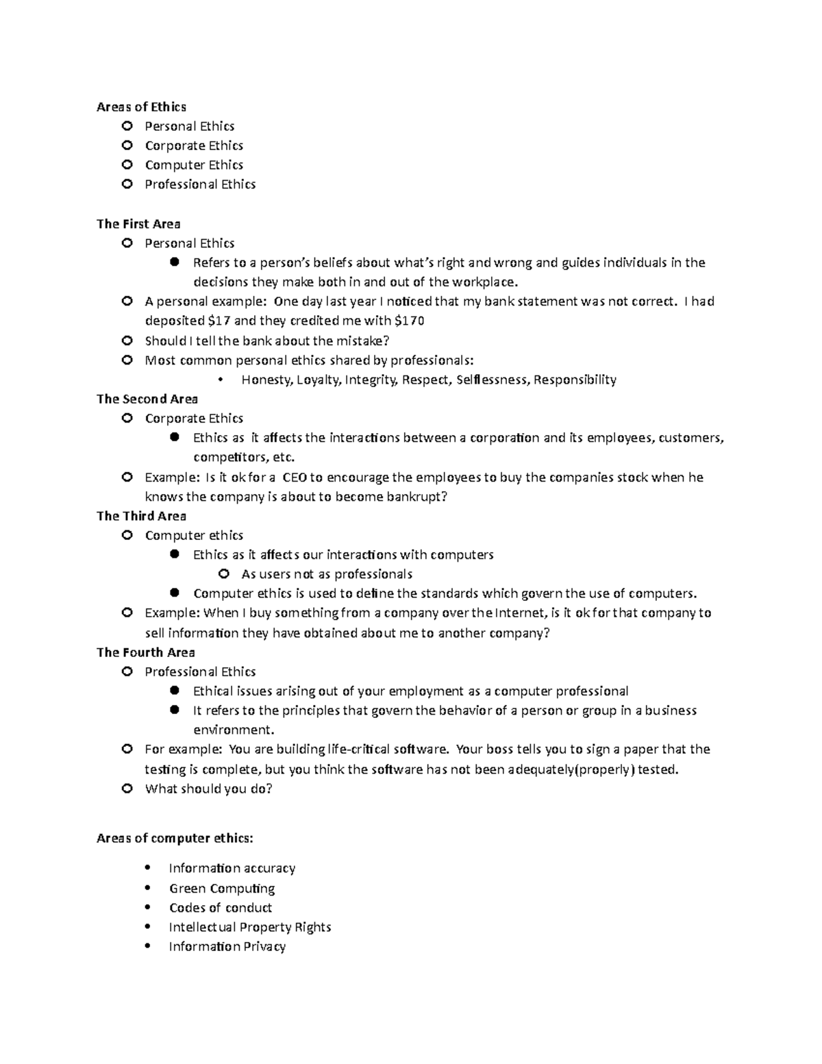 Areas of ethics - Areas of Ethics Personal Ethics Corporate Ethics ...