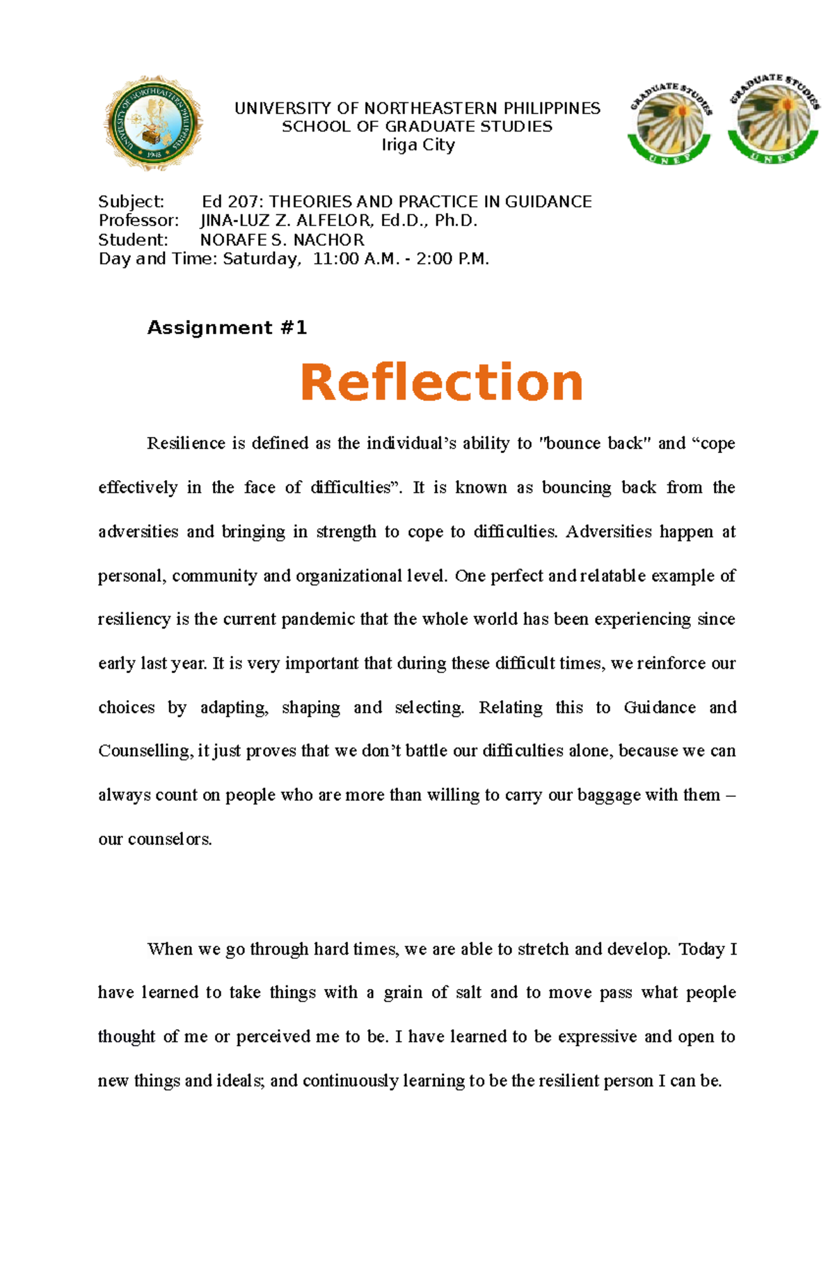 Reflection - UNIVERSITY OF NORTHEASTERN PHILIPPINES SCHOOL OF GRADUATE ...