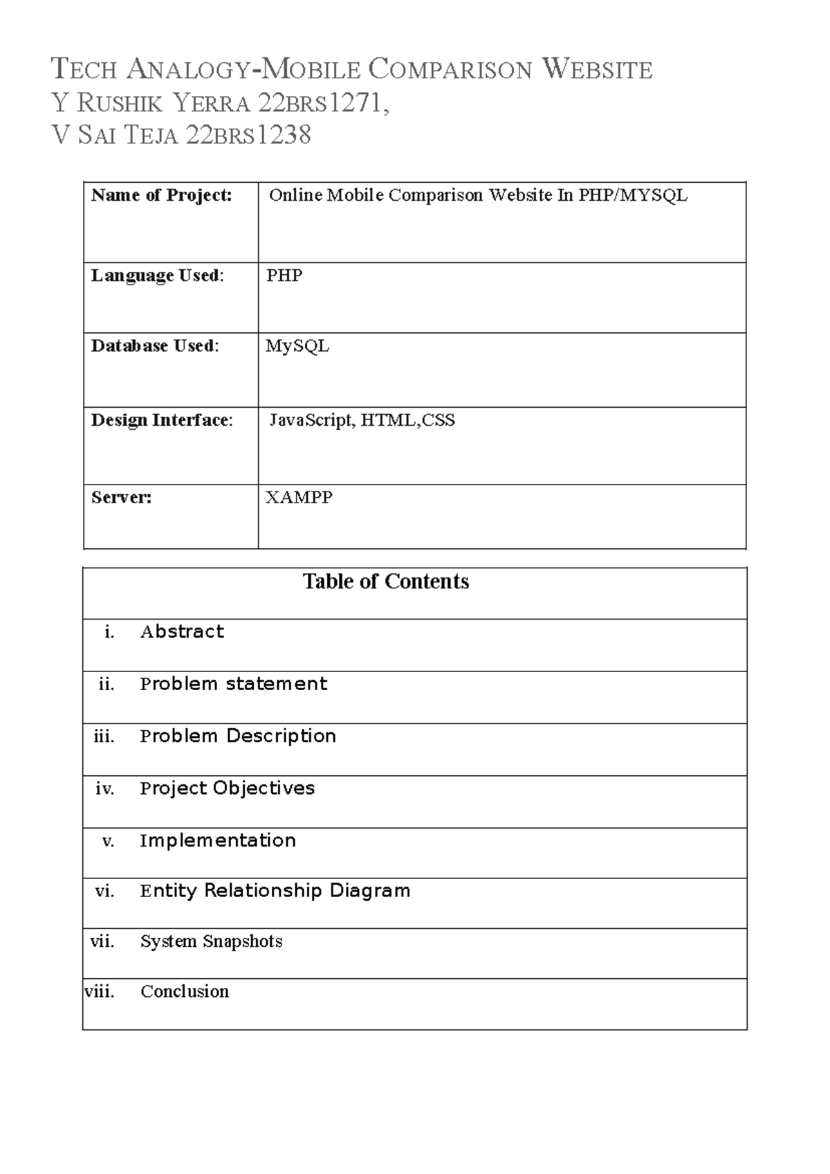Online mobile comparison website abstract ii problem statement iii