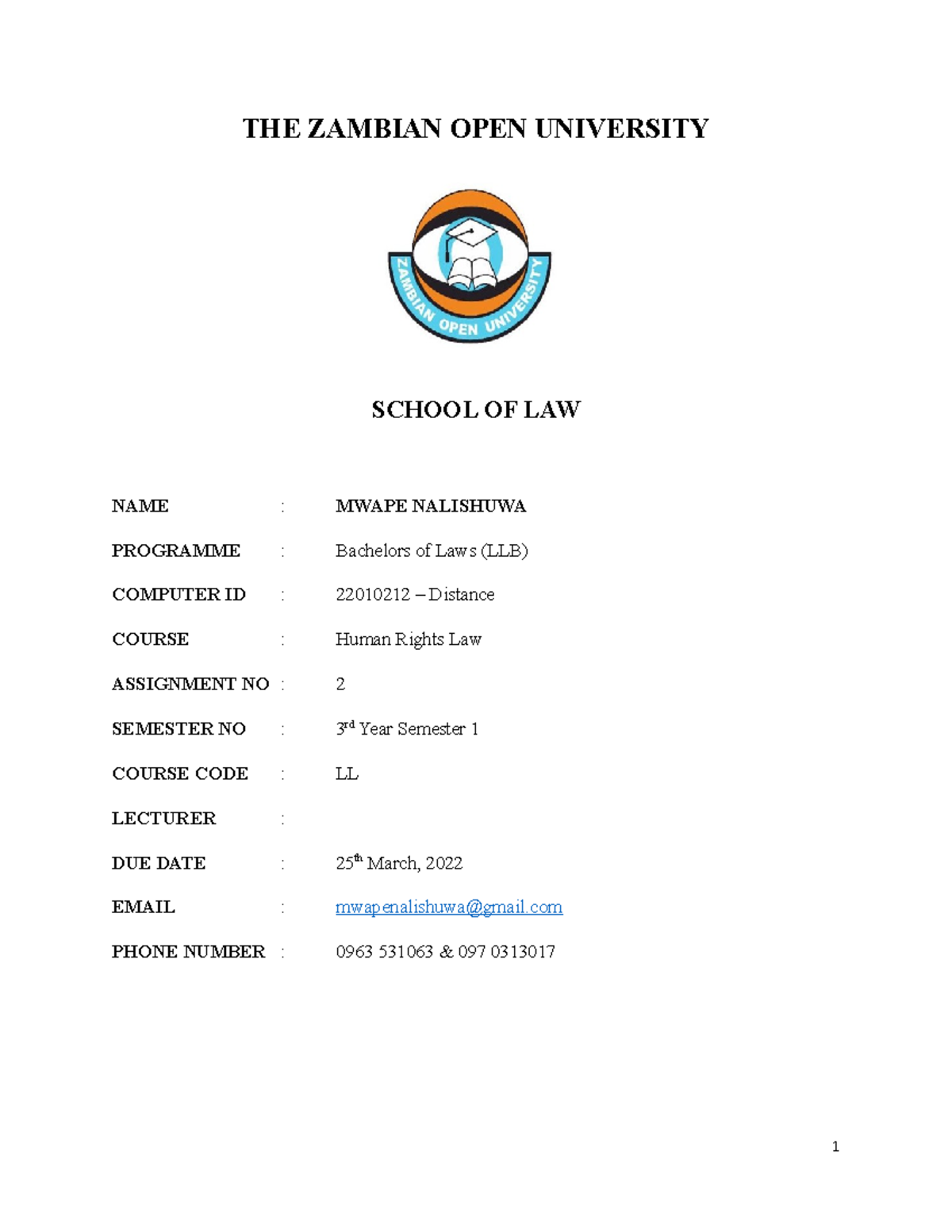 Human Rights Semester 1 Assign 2 - THE ZAMBIAN OPEN UNIVERSITY SCHOOL ...