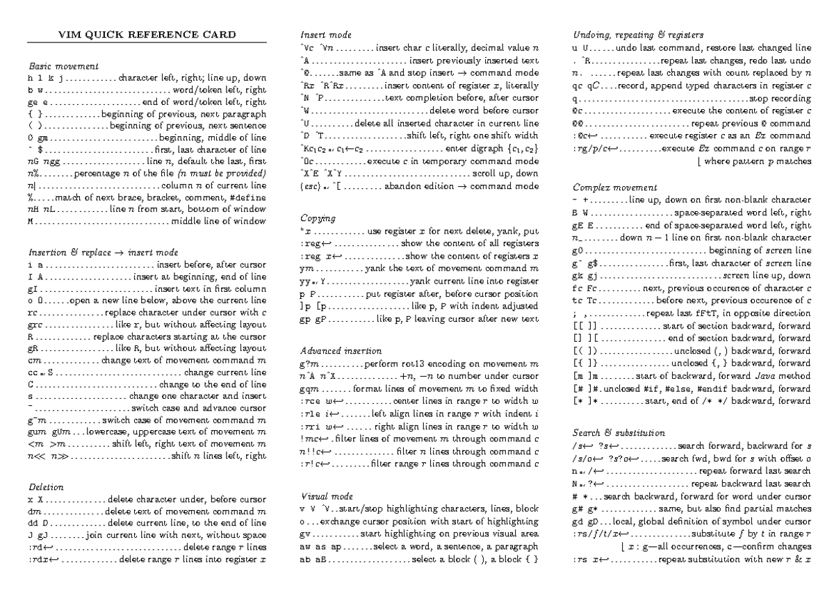 VM quick referance card - VIM QUICK REFERENCE CARD Basic movement h l k ...