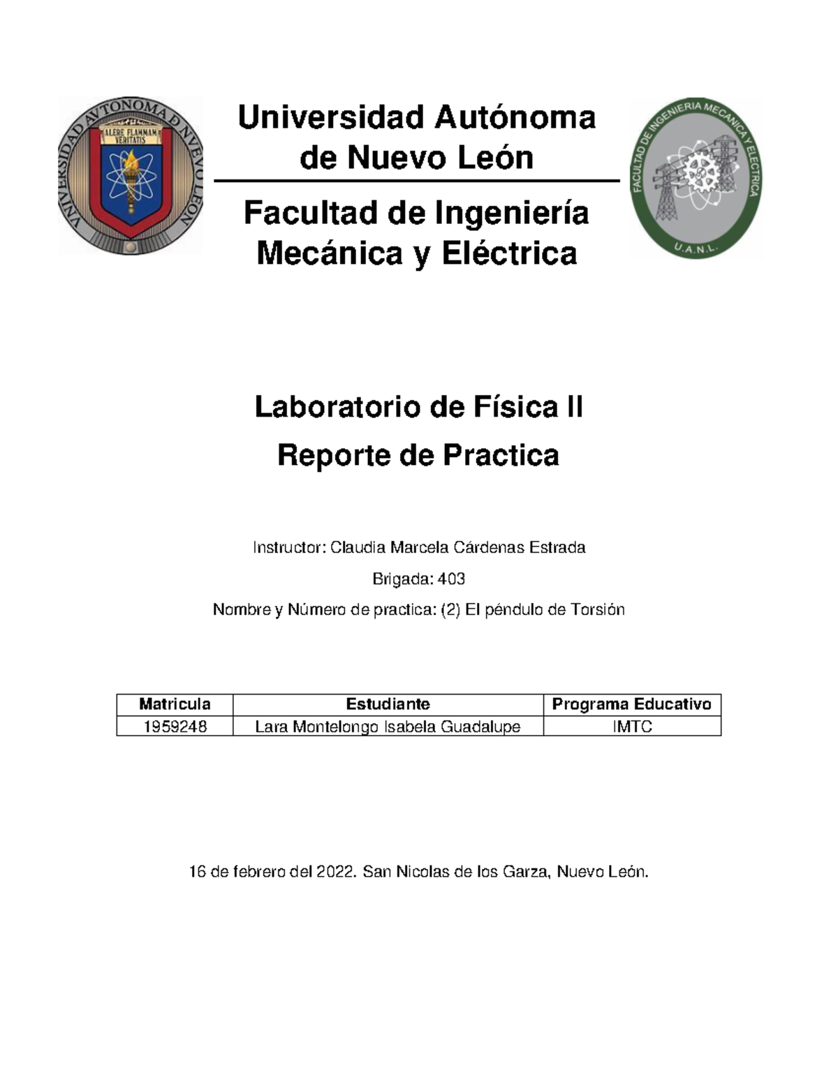 Practica 2 Lab Fisica 2 1959248 - Universidad Autónoma de Nuevo León ...