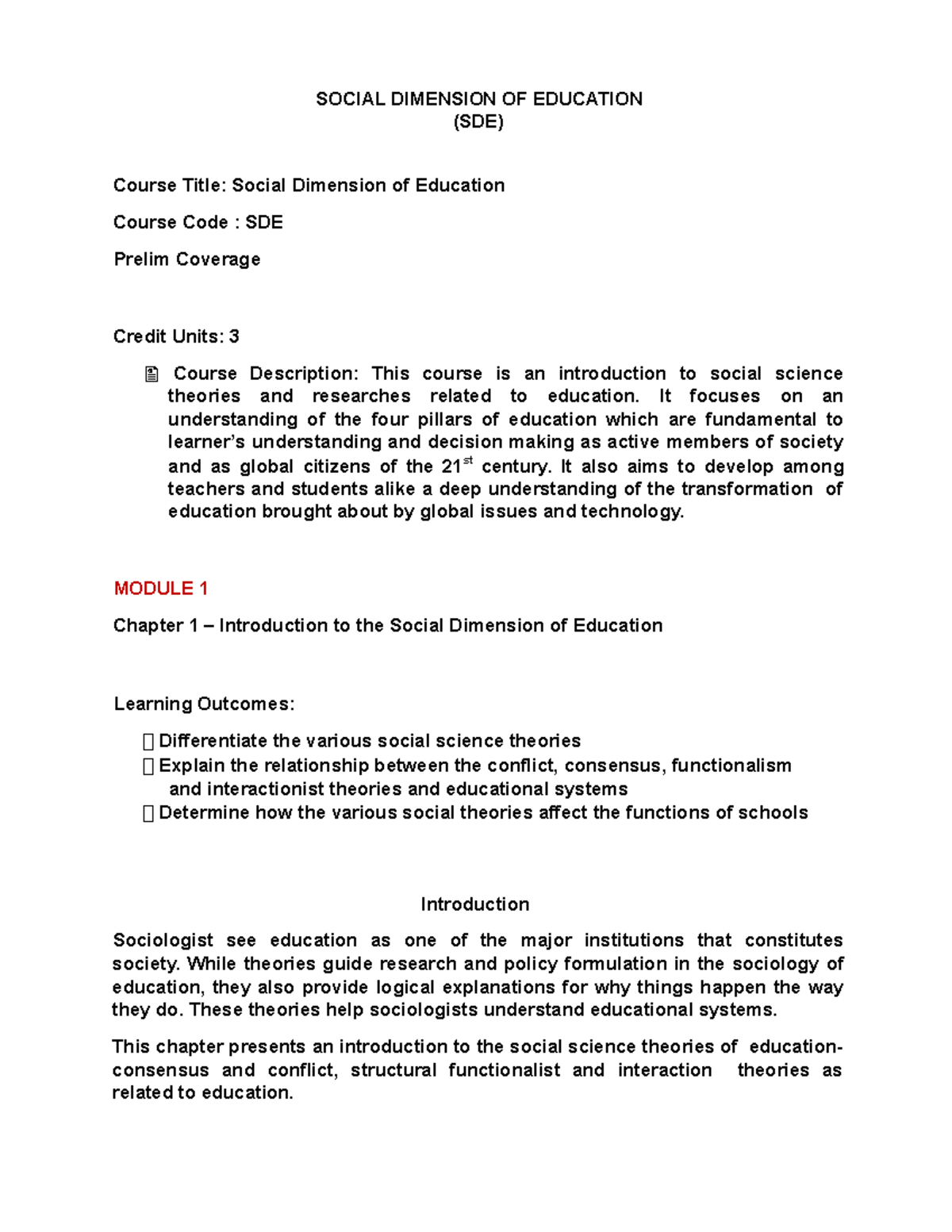 SDE Prelim Module - SOCIAL DIMENSION OF EDUCATION - SOCIAL DIMENSION OF ...