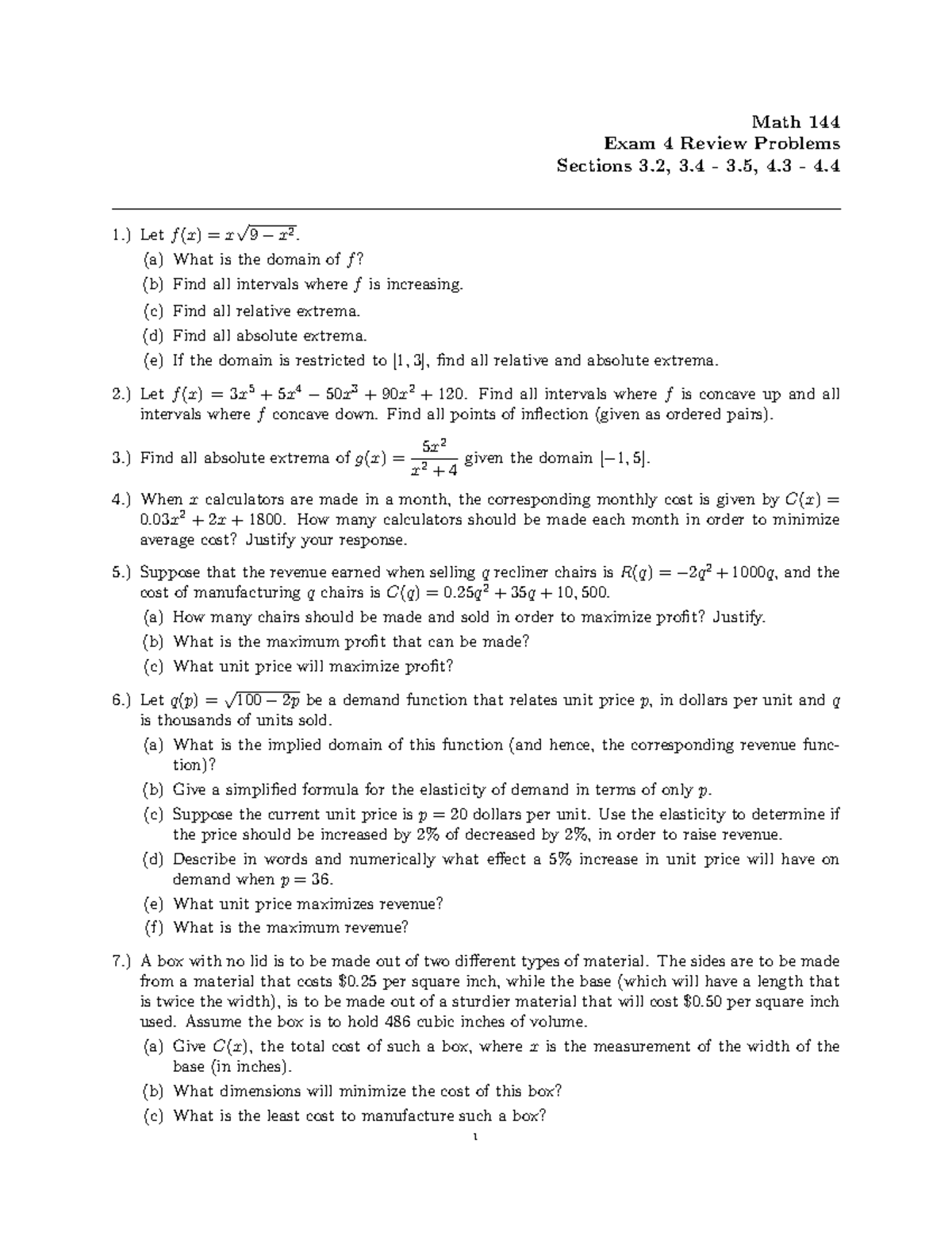 M144 Exam 4 Review Problems - Math 144 Exam 4 Review Problems Sections ...