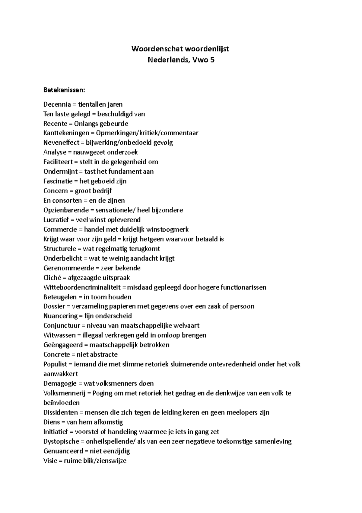 Woordenschat woordenlijst Woordenschat woordenlijst Nederlands, Vwo 5