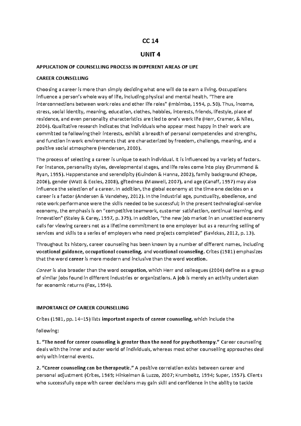 UNIT 4 Career Counselling PART-1 - CC 14 UNIT 4 APPLICATION OF ...